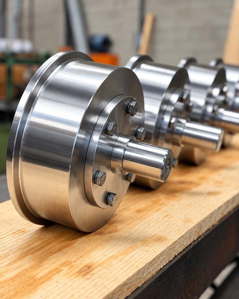 Eixos e flanges usinados alinhados sobre bancada de oficina